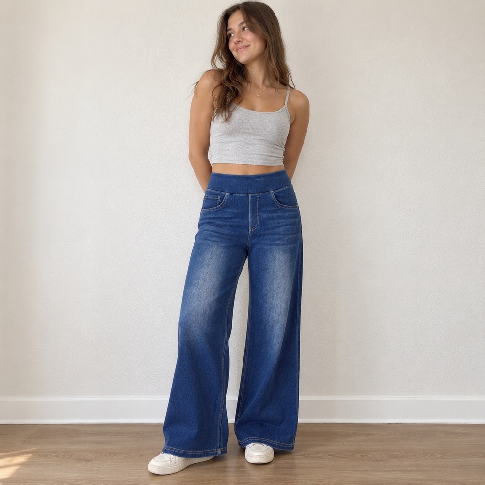Halara Womens Pants Medium Blue Wide Leg High Waisted Pull On Athleisure Lounge